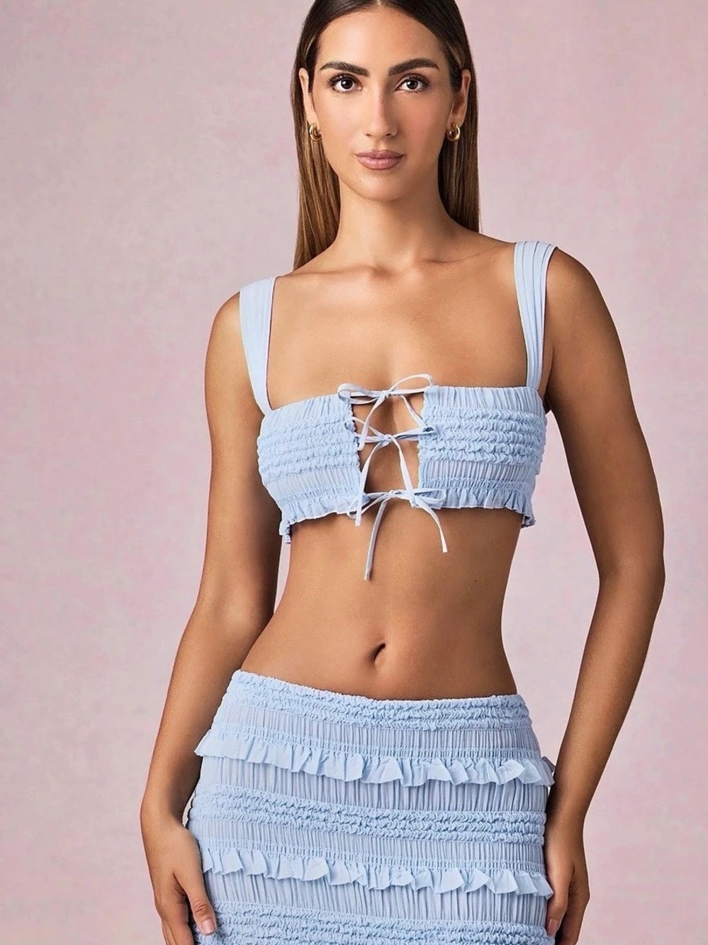 Oh Polly Ruffle Tie-Front Crop Top in Powder Blue